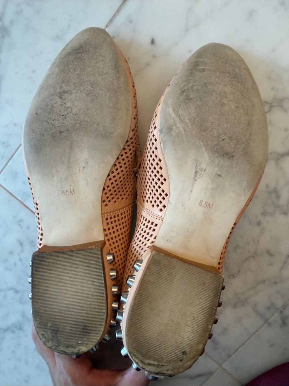 Jeffrey Campbell Tan Perforated Leather Pointed Loafers with Silver Stud Heel - Picture 5 of 5